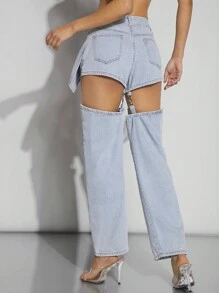 Denimoi Women's Hollowed-Out And Detachable Jeans - Light Wash - View 2