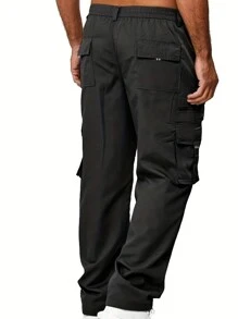 Men Plus Flap Pocket Side Drawstring Waist Cargo Pants - Black - View 2
