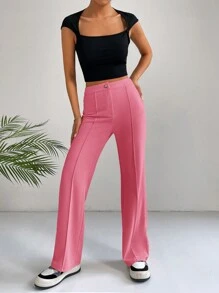 SHEIN EZwear 單色休閒寬褲,適用於日常、上班或上下班通勤 - 玫紅色 - 查看 6