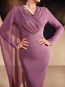 Modelyn Vestido árabe de ajuste ceñido para dama con contraste de plisados y malla - Lila Púrpura - Ver 3