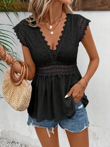 SHEIN Frenchy Guipure Lace Insert Peplum Tee Black Summer Casual - Black - View 3