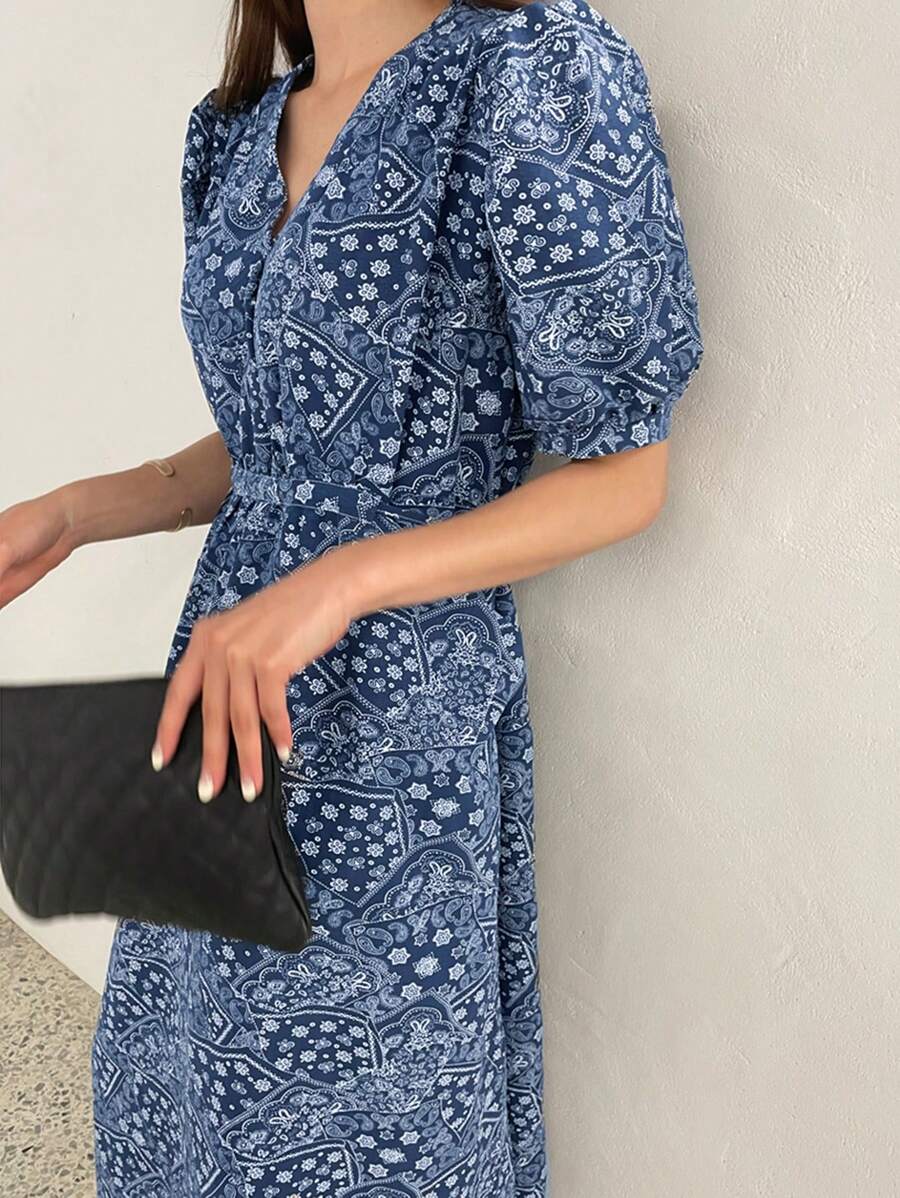 DAZY 女士蓬蓬短袖v領連衣裙,腰部堅果印花和口袋 - 藍色 - 查看 1
