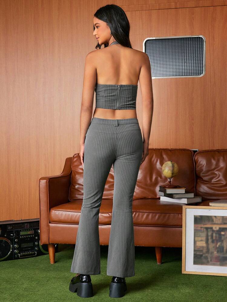 Women's Striped Halter Top And Flared Pants Set