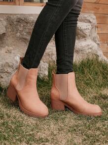 Styleloop 時尚彈性高跟靴,靈感來自網路名人風格,經典多功能杏色切爾西靴,適合休閒學生 - 杏色 - 查看 4