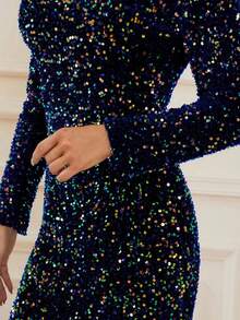 Navy Sequined Mermaid Maxi Evening Dress, Long Sleeve Round Neck, Wedding Event Dress, Formal Prom Gown, For Wedding Guest, Graduation, Dinner - Navy Blue - View 5