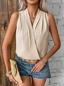 Breezaya Women's Solid Color Pleated Wrap Sleeveless Blouse - Khaki - View 5