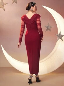 Modelyn 女士 V 领透明网眼长袖双排扣连衣裙，优雅晚会礼服 - 紅色 - 查看 3