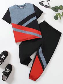 SHEIN Conjunto de 2 peças para meninos, camiseta de manga curta com gola redonda e blocos de cores e calças confortáveis com cordão solto, adequadas para passeios diários, primavera/verão, escapadelas, férias, viagens, relaxamento, banhos de sol