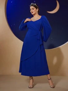 Modelyn 大码女式纯色灯笼袖心形领口连衣裙长款晚礼服 - 藍色 - 查看 8