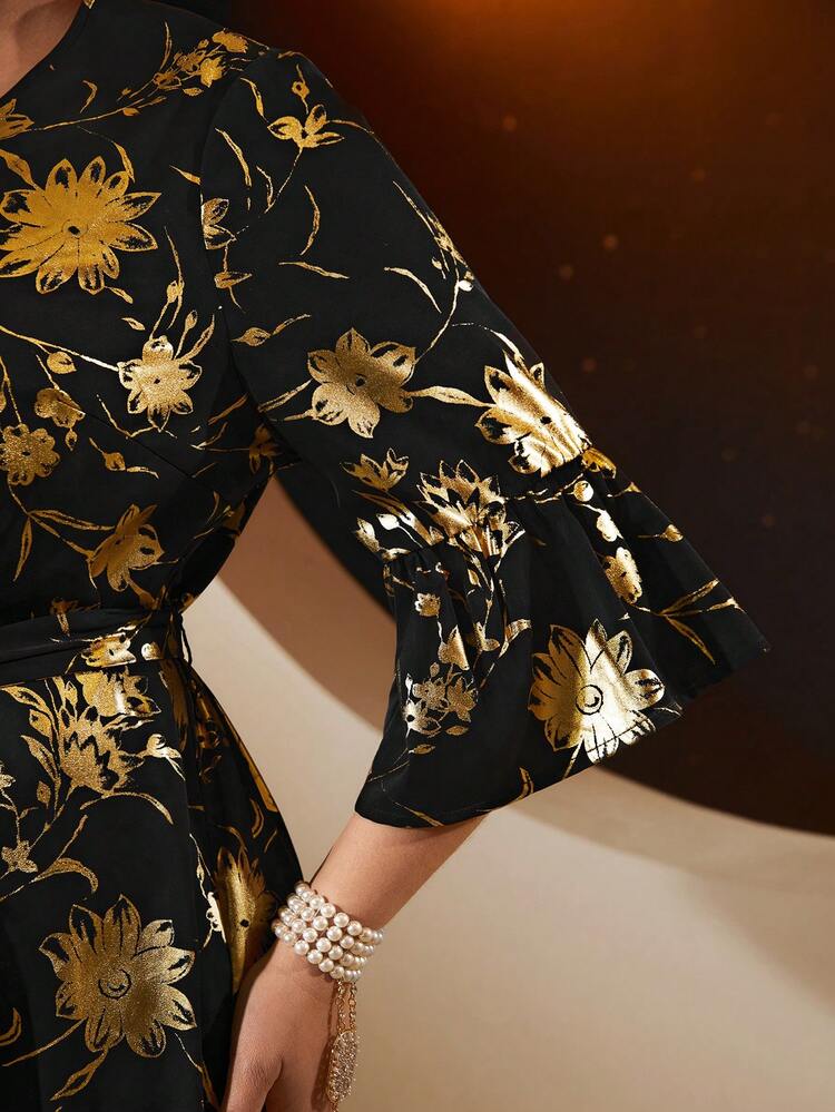 Plus Size Pleated Spliced Dress With Gold Foil Print Long Evening Dresses