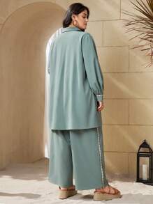 Mulvari 大码女式拼布编织腰带长袖衬衫和裤子两件套 - 綠色 - 查看 5