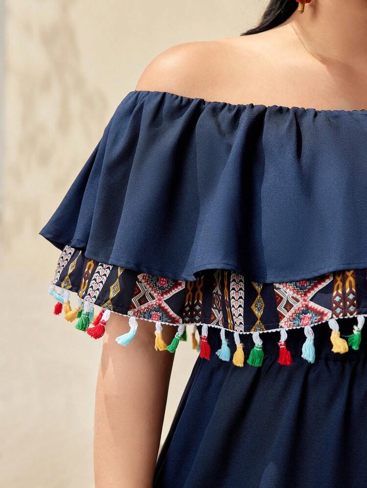 Plus Size Off Shoulder Ruffle Hem Printed Patchwork Tassel Decorated Dress