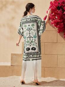 Seusyu 女士植物印花長裙,流蘇扎帶裙 - 彩色 - 查看 7