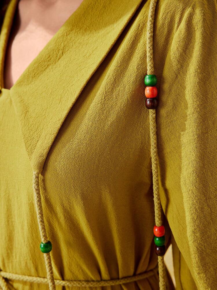 Lantern Sleeve Dress With Wooden Bead Decor For Women