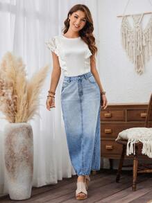 SHEIN X SAMADHI SHEIN LUNE Women's Zipper High Waist Long Denim Skirt With Pockets