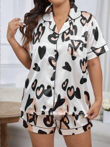 Bộ đồ ngủ và quần đùi ngắn tay cỡ lớn thoải mái và rộng rãi dành cho nữ với họa tiết trái tim - Rượu sâm banh - Xem 3