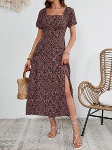 SHEIN VCAY 婚禮女裝花卉印花割線浪漫長洋裝，帶蓬松袖子，適用於假期 - 黑色 - 查看 3