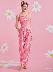 HELLO KITTY AND FRIENDS | SHEIN Conjunto de pijama de Camiseta con Estampado de Melodía Rosada de Dibujos Animados y Letras y Pantalones, Lindo Conjunto de Pijama - Rosa - Ver 4