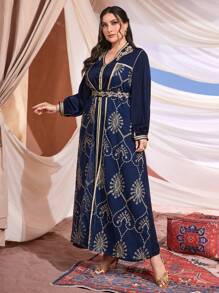 Layrah 大碼女裝刺繡束腰阿拉伯長袍 - 寶藍色 - 查看 4