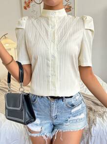 SHEIN Essnce Blusa De Cuello Alto Texturizado Con Mangas Abullonadas Para Mujer - Albaricoque - Ver 3