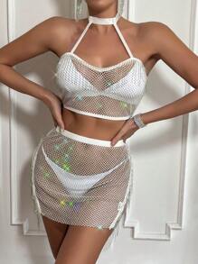 Zolique Women's Sparkly Rhinestone Fishnet Halter Set - White - View 6