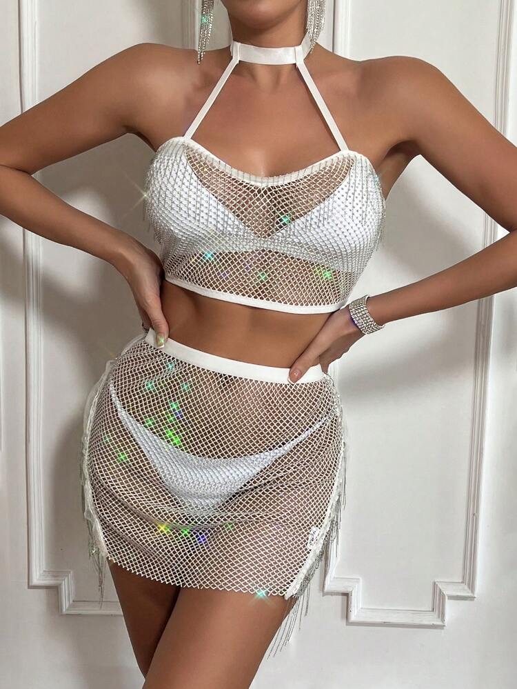 Women's Sparkly Rhinestone Fishnet Halter Set