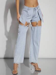 Denimoi Women's Hollowed-Out And Detachable Jeans - Light Wash - View 6