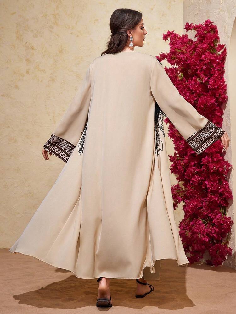 Women's Geometric Printed Patchwork Fringe Decorated Jacket With Jumpsuit Two Pieces Abaya Set 2 Pieces Set Fall Cloth For Women