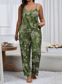 大尺碼女士綠色印花背心上衣和長褲套裝 - 綠色 - 查看 5
