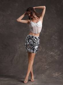 Zolique Silver Sequin Decor Bodycon Skirt - Silver - View 4