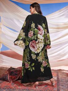 Al Najma Ramadan Plus Floral Print Notched Neckline Dress - Black - View 2