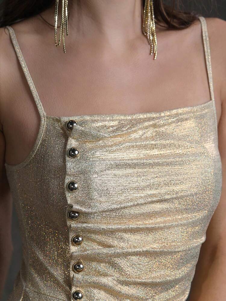 Ladies' Sexy Champagne-Colored Cami Dress With Pleats, Metallic Bubble Beads And Studs