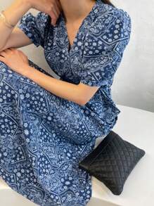 DAZY 女士蓬蓬短袖v領連衣裙,腰部堅果印花和口袋 - 藍色 - 查看 6