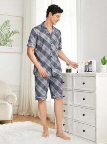 Men's Plaid Short Sleeve Homewear Set - Grey - View 3