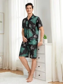 Men's Plant Printed Short Sleeve Shirt Pajama Set - Black - View 6