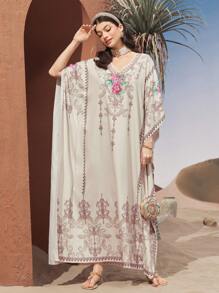 Al Najma Women's Turkish Floral Print Batwing Sleeve Long Shirt Kaftan - Multicolor - View 8