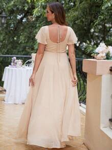 Jednolita Kolorowa Okrągła Dekolt Boczny Rozcięcie Talii Sukienka Dla Druhny - Szampan - Zobacz 2