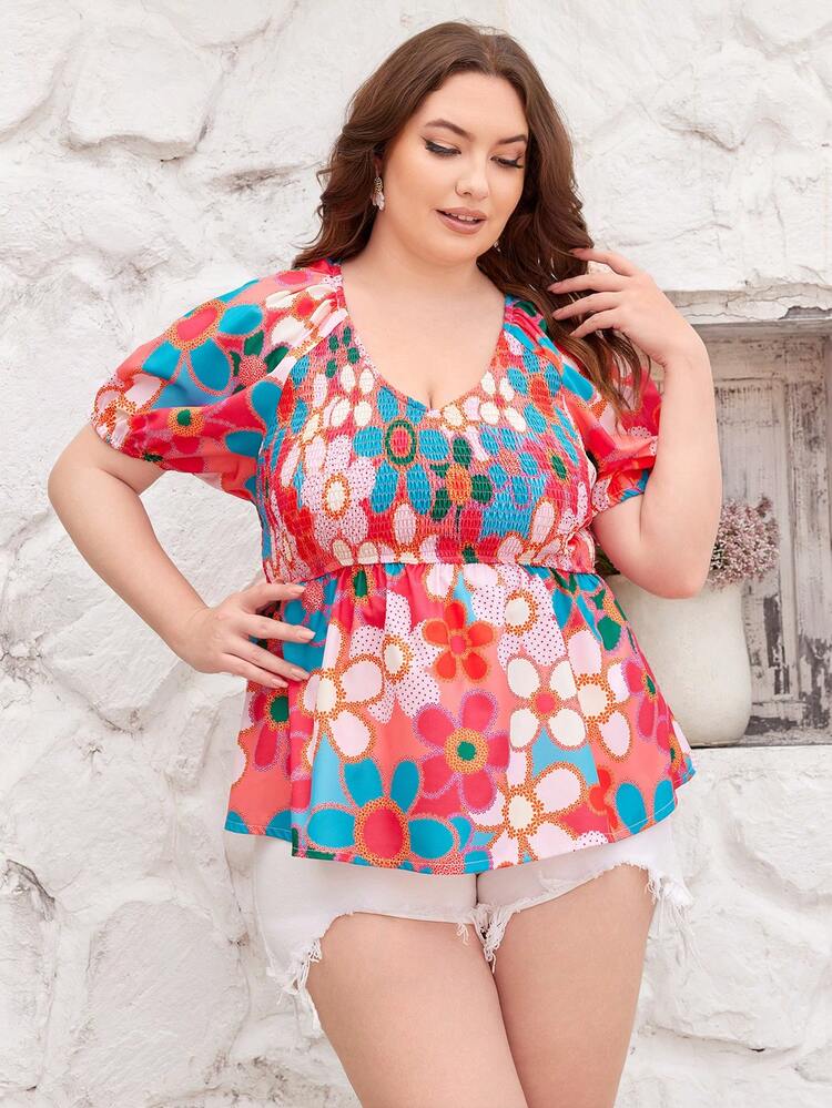 Plus Size Women's Floral Print Shirred Raglan Sleeve Top
