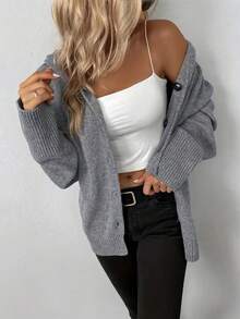 Einfarbige Kapuzen-Zugkordel-Strickjacke, Lässig - Grau - Übersicht 5