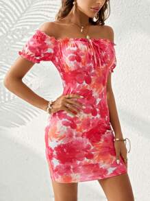 SHEIN VCAY Vacation Watercolor Floral Print Off Shoulder Slim Fit Mini Bodycon Dress - Red - View 5