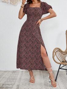 SHEIN VCAY 婚禮女裝花卉印花割線浪漫長洋裝，帶蓬松袖子，適用於假期 - 黑色 - 查看 1