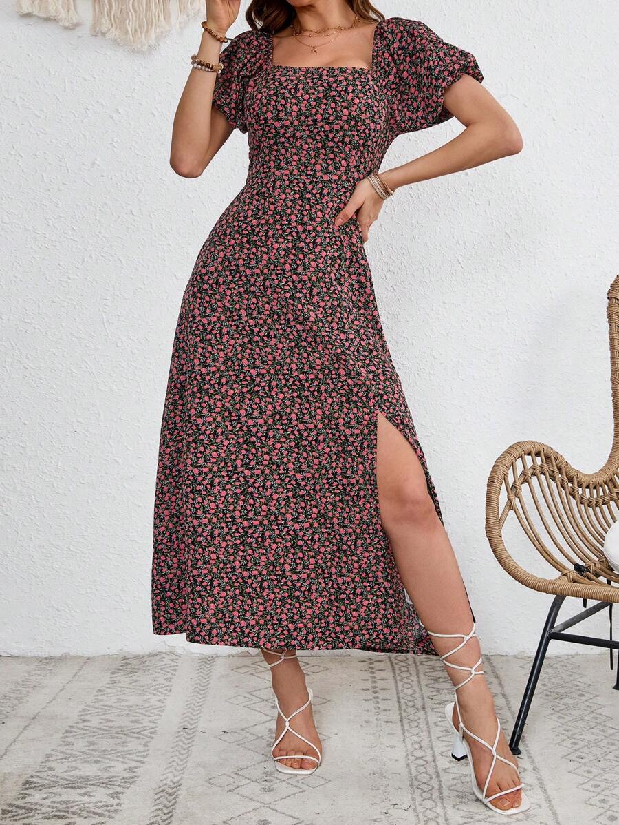 SHEIN VCAY 婚禮女裝花卉印花割線浪漫長洋裝，帶蓬松袖子，適用於假期 - 黑色 - 查看 1