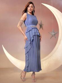 Modelyn 女士圆领无袖连衣裙，带荷叶边下摆和褶皱细节，优雅晚会礼服长款晚礼服 - 藍色 - 查看 4