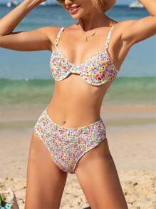 Swim Mod Summer Beach Ditsy Floral Ruffled Bikini Set - Multicolor - View 7