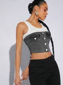 Denimoi Contrast Knit Raw Edge Cropped Denim Top - White - View 3