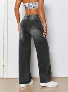 SHEIN PETITE Women's Casual Cat Whisker Design Loose Fit Jeans