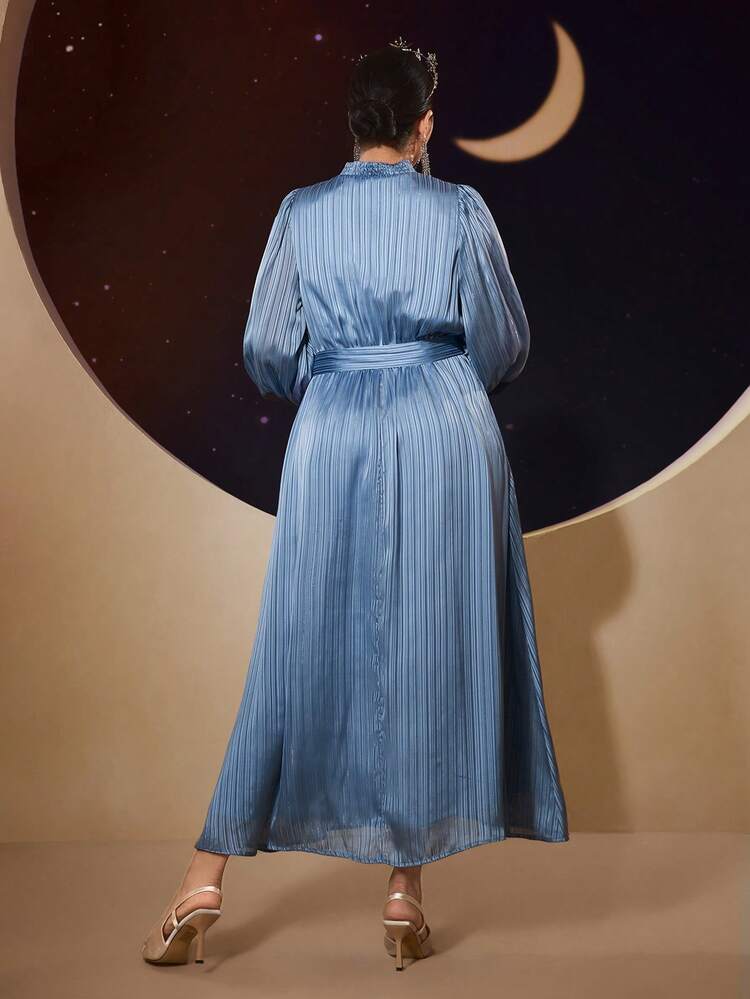 Plus Size Women's Satin Pleated Stand Collar Arabian Dress,Elegant Evening Party Dress Long Evening Dresses