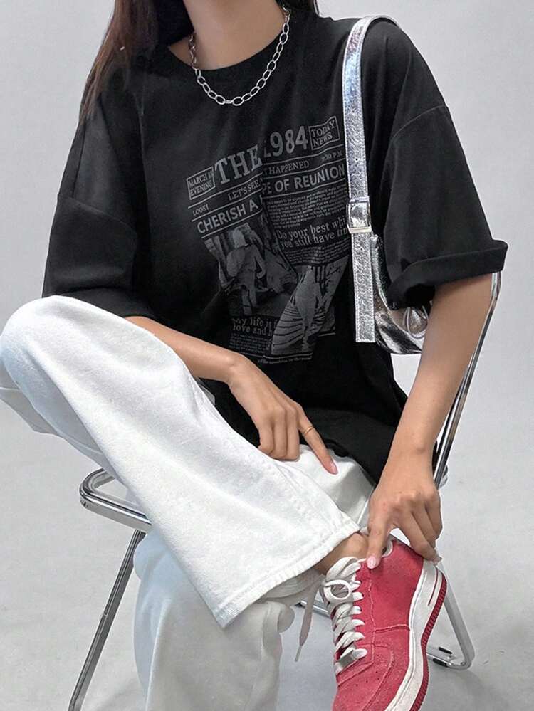 Women's Character Slogan Printed Drop Shoulder Loose T-Shirt Graphic Tee Oversized T-Shirt