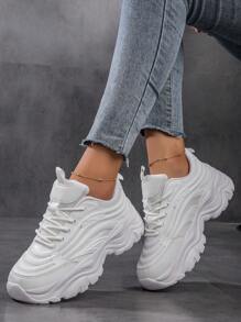 Sporty Front Chunky Sneakers For Women,Everyday Collection Women's Fashionable White Women Shoes Thick-Soled Colorblock Graphic Lace-Up Women Platform Shoes Lightweight Breathable Women's Athletic Shoes Outdoor Sports Shoes For Women Tennis Shoes
