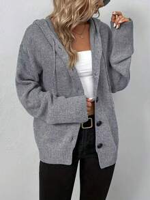 Einfarbige Kapuzen-Zugkordel-Strickjacke, Lässig - Grau - Übersicht 3